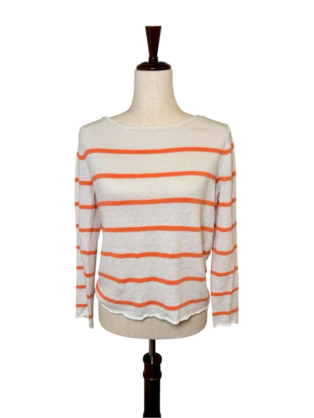 Eileen Fisher White Orange Striped Lightweight Knit Sweater Coastal Small